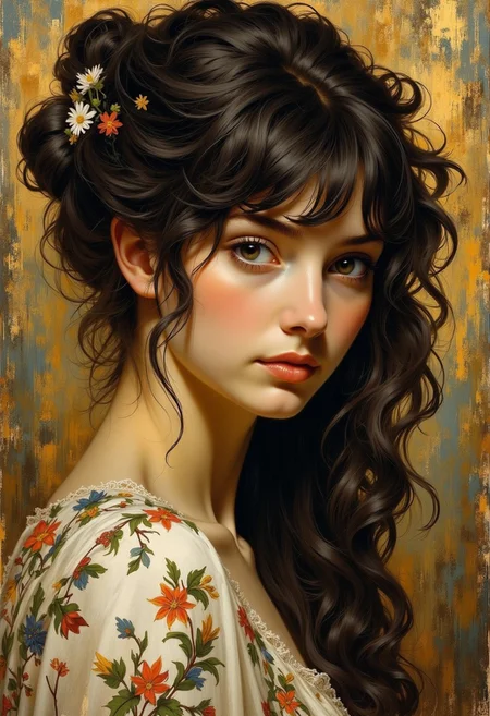 A close-up of a painting of Jane Morris in the Pre-Raphaelite style, her deep-set, melancholic eyes gazing slightly away from the viewer, flowing dark curls intricately rendered with soft, flowing brushwork. She is surrounded by ornate patterns of ivy and embroidered textiles, bathed in soft, golden afternoon light. The texture of the canvas shows delicate layering of oil paint, capturing the porcelain glow of her skin and the intricate folds of her gown. Emotive, ethereal, romantic atmosphere, inspired by Dante Gabriel Rossetti, with a detailed, painterly aesthetic, subtle crackling of aged varnish, ultra-high resolution.