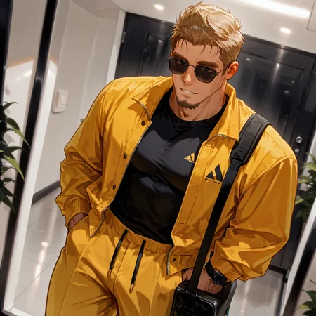 <lora:MBTI__ESTP__Male_Version-000006:.7>, mbti_estp, 1male, quiff hair, blonde hair, black eyes, yellow jacket, black shirt, yellow pants, sunglasses, bag, carries a sporty gray shoulder bag, black shocks, yellow sneaker,
(very short hair, beard, bara, mature, facial hair, stubble, beard, full beard, sideburn, beard, a lot of beard, ), facial hair,male focus, muscular male, muscular male, bara, mature, bara, mature, dutch angle,
aixiwuganda_(20222192), very awa, masterpiece, best quality, absurdres, newest, perfect quality, detailed background, intricate details,
<lora:slider_Body Type_alpha1.0_rank4_noxattn_last:2><lora:style_Anime Summer Days 2 Style SDXL_LoRA_Pony Diffusion V6 XL:.6><lora:slider_cfg_scale_boost:.7><lora:face_Artist6p-10:.55>, Artist6p, Artist04p,<lora:slider_il_brightness_slider_d1:-1><lora:slider_il_contrast_slider_d1:-1><lora:slider_DarkSlider1.2_alpha1.0_rank16_full_300steps:-.6><lora:slider_Detailer_NoobAI_Incrs_v1:1> detailed,