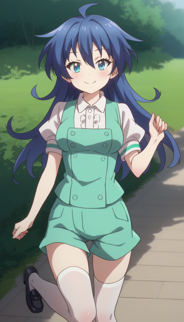 score_9,score_8_up,masterpiece,best quality,correct anatomy,anime_source,1girl,solo,perfect eyes,perfect arms,perfect legs,perfect face,outdoors,upper body,(portrait:1.5),looking at viewer,facing viewer,smile,blush,aged down,(petite:1.5),Lloyd de Saloum,ahoge,long hair,blue hair,hair bow,hair between eyes,bangs,blue eyes,green vest,white shirt,collared shirt,puffy short sleeves,large breasts,green shorts,zettai ryouiki,white thighhighs,loafers,black footwear,<lora:Lloyd de Saloum(tsdnod)-Pony:1.6>,