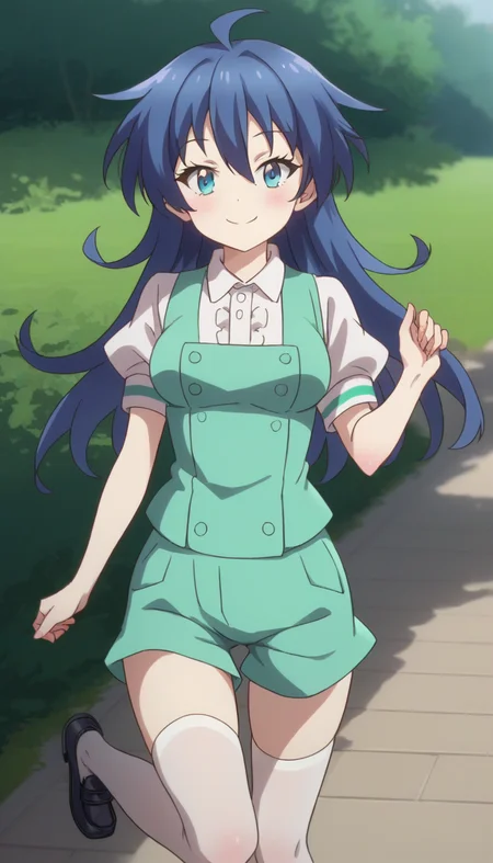 score_9,score_8_up,masterpiece,best quality,correct anatomy,anime_source,1girl,solo,perfect eyes,perfect arms,perfect legs,perfect face,outdoors,upper body,(portrait:1.5),looking at viewer,facing viewer,smile,blush,aged down,(petite:1.5),Lloyd de Saloum,ahoge,long hair,blue hair,hair bow,hair between eyes,bangs,blue eyes,green vest,white shirt,collared shirt,puffy short sleeves,large breasts,green shorts,zettai ryouiki,white thighhighs,loafers,black footwear,<lora:Lloyd de Saloum(tsdnod)-Pony:1.6>,