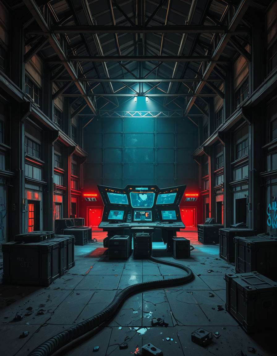 A dark, abandoned warehouse transformed into a villain's secret lair. The structure is massive and industrial, with rusted steel beams, shattered windows, and crumbling concrete walls covered in old graffiti. The floor is dusty and cracked, with scattered debris and oil stains. Dim red and blue lights glow from hidden sources, casting eerie, atmospheric shadows throughout the space. In the center, a high-tech command station glows with holographic maps, control panels, and futuristic computer screens. Advanced equipment, weapons racks, and strange scientific devices are neatly arranged on steel tables. Thick black cables snake across the floor and dangle from the ceiling. Makeshift metal dividers and reinforced crates create hidden zones for operations and storage. The setting is cinematic, mysterious, and tense, with dramatic lighting, high contrast between dark corners and glowing tech, and a realistic, moody art style â like a scene from a dystopian sci-fi thriller. No people or figures are present. 
<lora:SDXLFaeTastic2400:0.4> <lora:extremely_detailed:0.4> extremely detailed,villain secret l41r, <lora:villain_secret_l41r-i:1>, Masterpiece,best quality,hi res,8k,hi res,8k,award winning,(sharp focus, intricate, highly detailed),