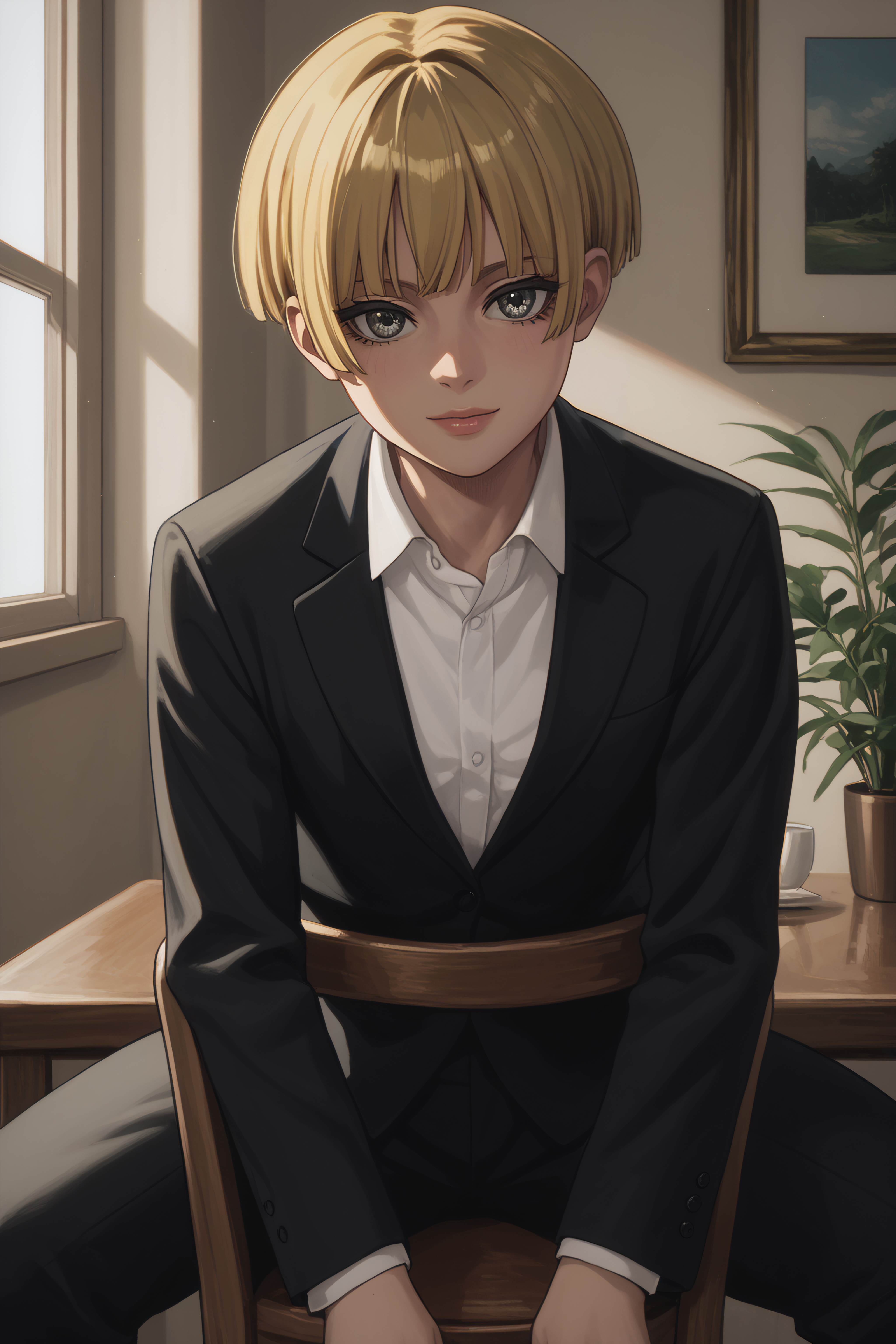score_9, score_8_up, score_7_up, BREAK source_anime, <lora:Yelena-PonyXL-lora-Faxtron:0.8> yelena, grey eyes, blonde hair, short hair, white shirt, black suit, long sleeves, 
 <lora:Sitting_Backwards_on_Chair_-_PonyXL:1> sitting backwards, sitting on chair, looking at viewer,