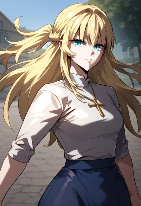 zPDXL3, score_9_up, score_8_up, score_7_up, (Anime_source), 1girl, MariaJaeger, blue eyes, blonde hair, long hair, updo hair, braid, Maria clothes, floating hair, cowboy shot, looking at viewer, dutch angle,