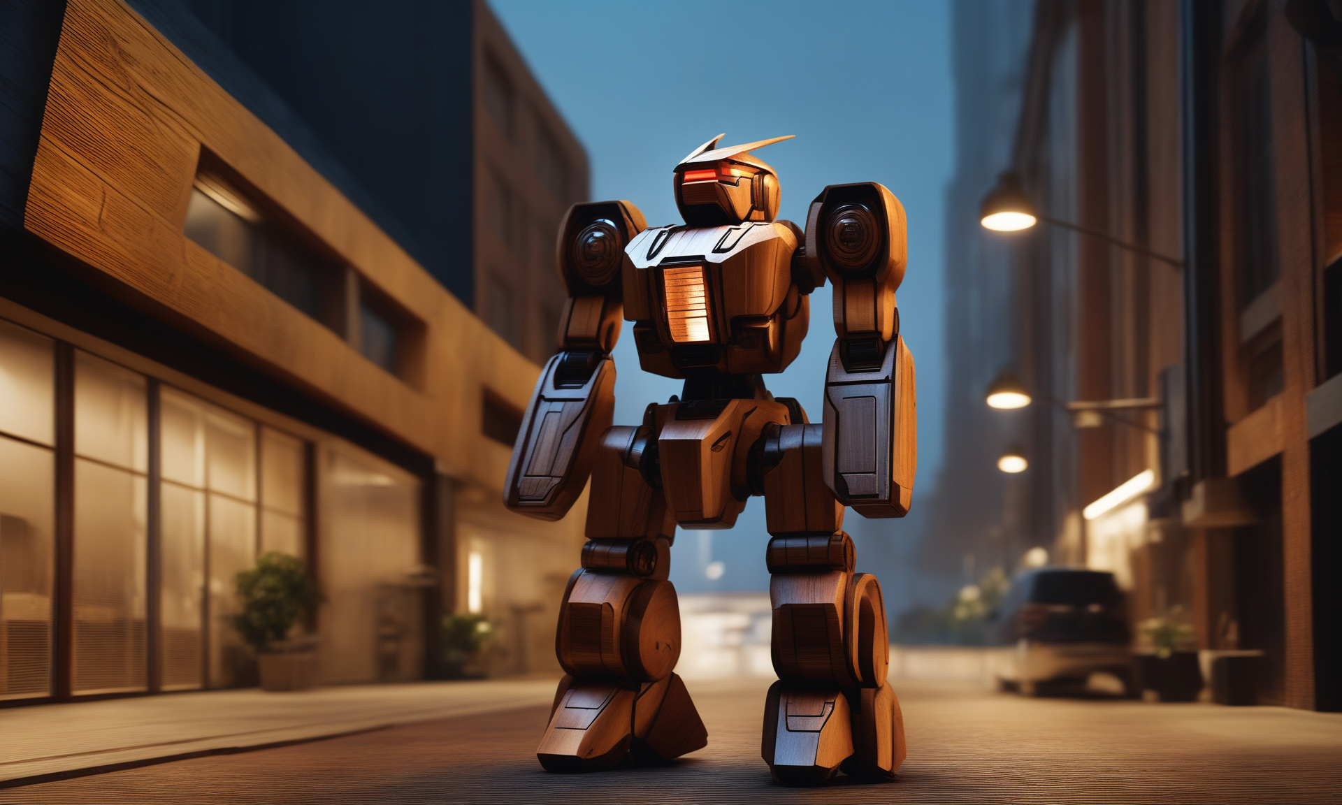 <lora:woodcarvingcd_xl-000005:0.9>,a mecha standing in street,wooden skin,woodcarvingcd_xl,woodcarving,wood carving,outdoors,cyberpunk,cityscape,science fiction,future city,front view,facing viewer,looking at viewer,(Unbelievable Digital Artwork:1.3),CGSociety,ArtStation,master works, emotional, harmonious, high budget, moody, epic, gorgeous, perfect lighting, realistic, photorealistic, photographic, photo (medium),real, moody lighting, volumetric lighting, reality ray tracing, 8K, HDR, UHD, masterpiece, best quality, highly detailed, high resolution, finely detail, extremely detailed, ultra detailed, wallpaper