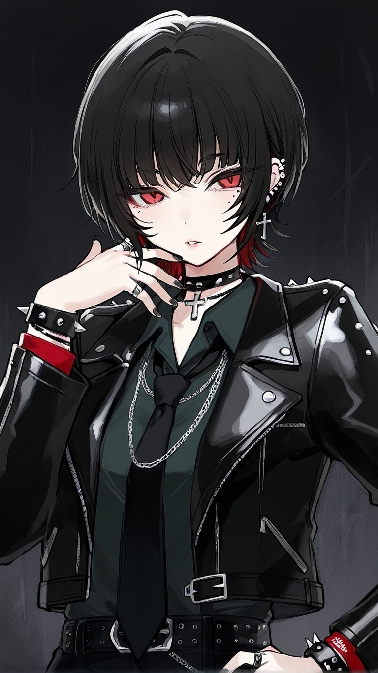 1girl, solo, looking_at_viewer, short_hair, bangs, shirt, black_hair, red_eyes, long_sleeves, jewelry, jacket, upper_body, earrings, parted_lips, necktie, choker, collared_shirt, belt, nail_polish, mole, collar, bracelet, black_jacket, hand_on_hip, mole_under_eye, piercing, ring, cross, slit_pupils, ear_piercing, black_nails, black_necktie, spikes, leather, spiked_bracelet, cross_earrings, leather_jacket, multiple_rings, studded_bracelet