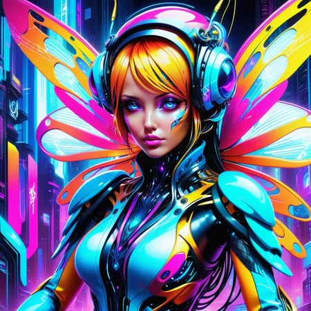 Jed-CyFut, masterpiece, full of details, positive emotional, Jed-Gr4ff1t1,wallpaper enginge, <lora:GraffitiStyle-000003:0.7>, <lora:CyberFuturisticStyle:0.7>, Concept art, Energetic Cyberpunk Baya Weaver, Fairy-Tale, Bugcore, technology, delicate, epic, aesthetic, cute, illustrious, fabulous colors
