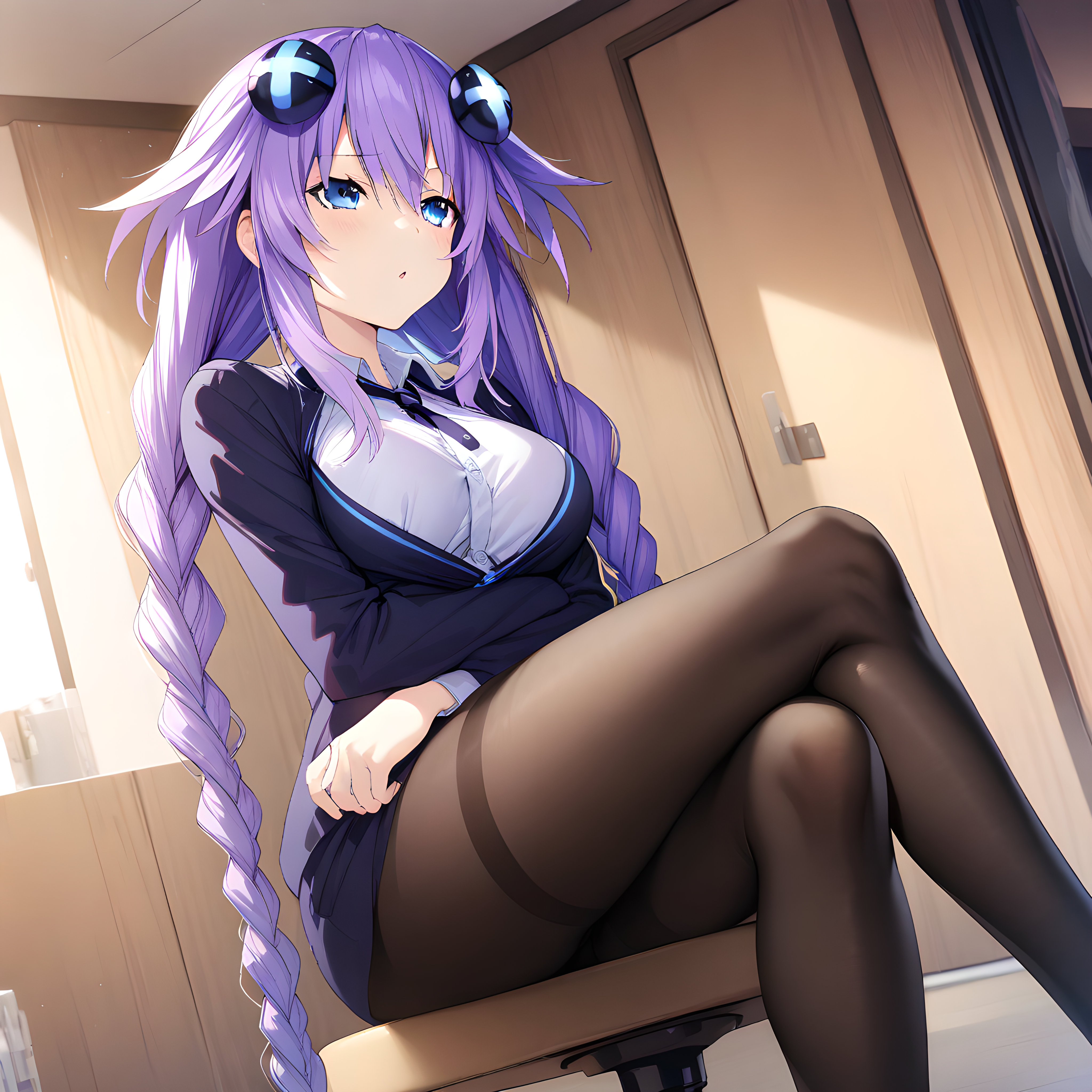 (masterpiece),(best quality),(ultra-detailed),(best illustration),(best shadow),(absurdres),(detailed background),(very aesthetic), purple_heart(neptune), 1girl, twin braids, crossed legs, breasts, pantyhose, solo, purple hair, power symbol, braid, blue eyes, long hair, shirt<lora:Purple_Heart_-_Hyperdimension_Neptunia:1>