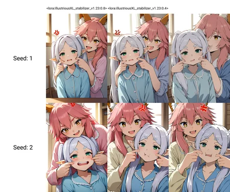 <lora:illustriousXL_stabilizer_v1.23:0.8>2girls,tamamo \(fate\),pink hair,smile,yellow eyes,frieren,white hair,green eyes,anger vein,upper body,open mouth,blue pajamas,cheek pull,indoors,sunlight,masterpiece,best quality,