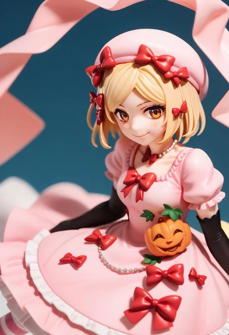score_9, score_8_up, score_7_up, highres, absurdres, solo, 1girl, blush, smile, looking_at_viewer, Rambda, blonde hair, short hair, orange eyes, hair ornament, necklace, pink hat, pink gown, red bow, short sleeves, elbow gloves, striped kneehighs,