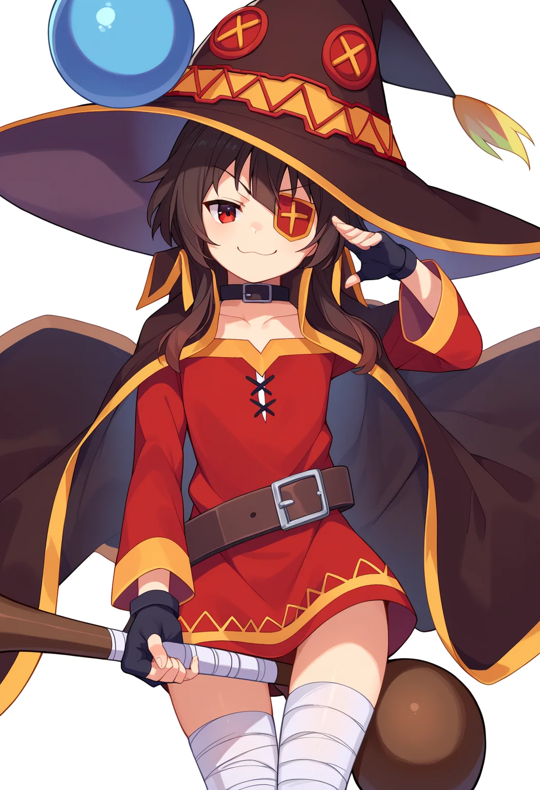 score_9, score_8_up, score_7_up, source_anime,
BREAK
1girl, solo,
<lora:shiMeguminV1:1>,
shimegudef, defaultdress, short hair, brown hair, red eyes,
collarbone, black gloves, choker, belt, fingerless gloves, cape, collar, witch hat, bandages, red dress, eyepatch, staff, holding staff,
bandaged leg, single thighhigh,
looking at viewer, smug,