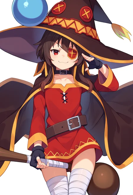 score_9, score_8_up, score_7_up, source_anime,
BREAK
1girl, solo,
<lora:shiMeguminV1:1>,
shimegudef, defaultdress, short hair, brown hair, red eyes,
collarbone, black gloves, choker, belt, fingerless gloves, cape, collar, witch hat, bandages, red dress, eyepatch, staff, holding staff,
bandaged leg, single thighhigh,
looking at viewer, smug,