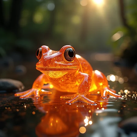 a closeup of a translucent glass frog that is also on fire. RTX graphics, realistic 3d render. high detail, jungle background next to a river full of glitter, bright sun illuminating the scene. award winning digital composition.