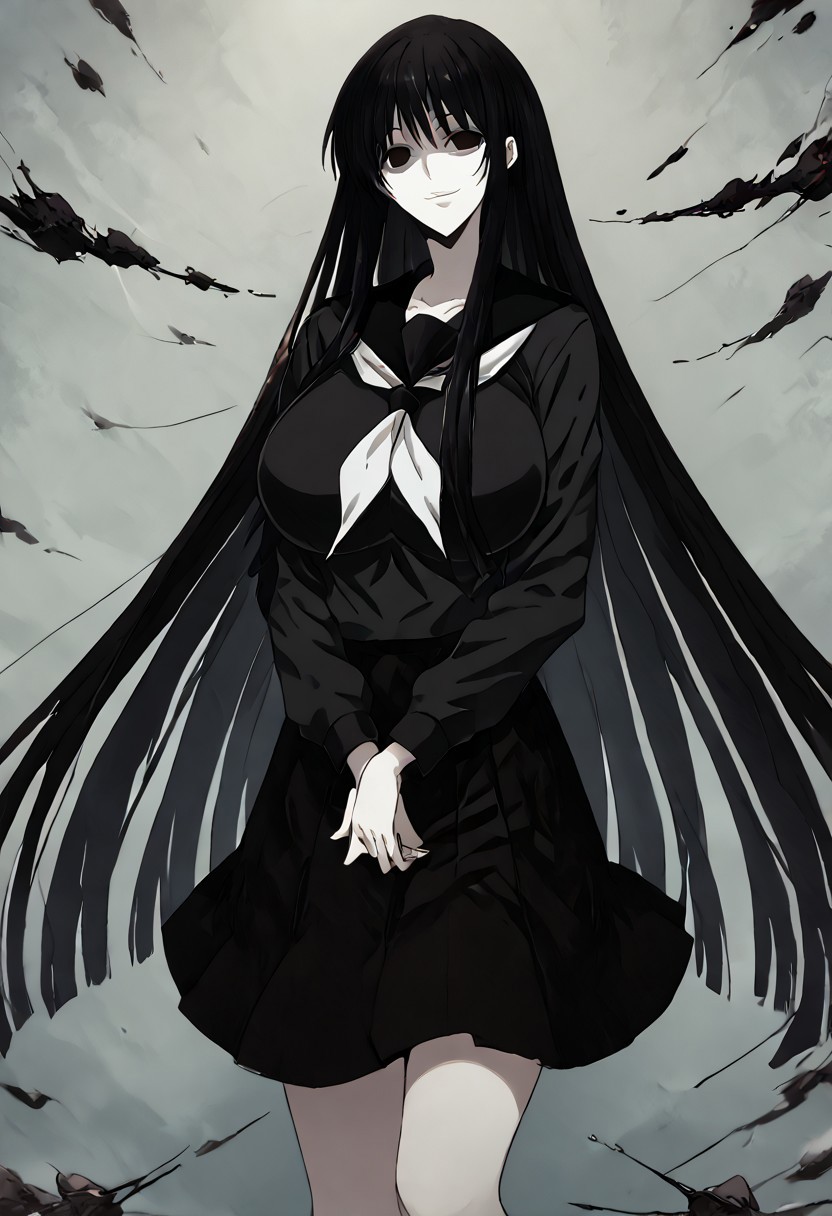 score_9, score_8_up, score_7_up, score_6_up, score_5_up, score_4_up, source_anime, 1girl, 1others, solo, 
hagoromogitsune, smile, empty eyes, black hair, huge breasts, very long hair,
school uniform,black serafuku,serafuku,black shirt,black skirt, 
masterpiece, best quality, very aesthetic, absurdres,