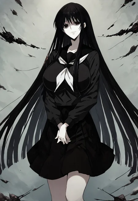 score_9, score_8_up, score_7_up, score_6_up, score_5_up, score_4_up, source_anime, 1girl, 1others, solo, 
hagoromogitsune, smile, empty eyes, black hair, huge breasts, very long hair,
school uniform,black serafuku,serafuku,black shirt,black skirt, 
masterpiece, best quality, very aesthetic, absurdres,