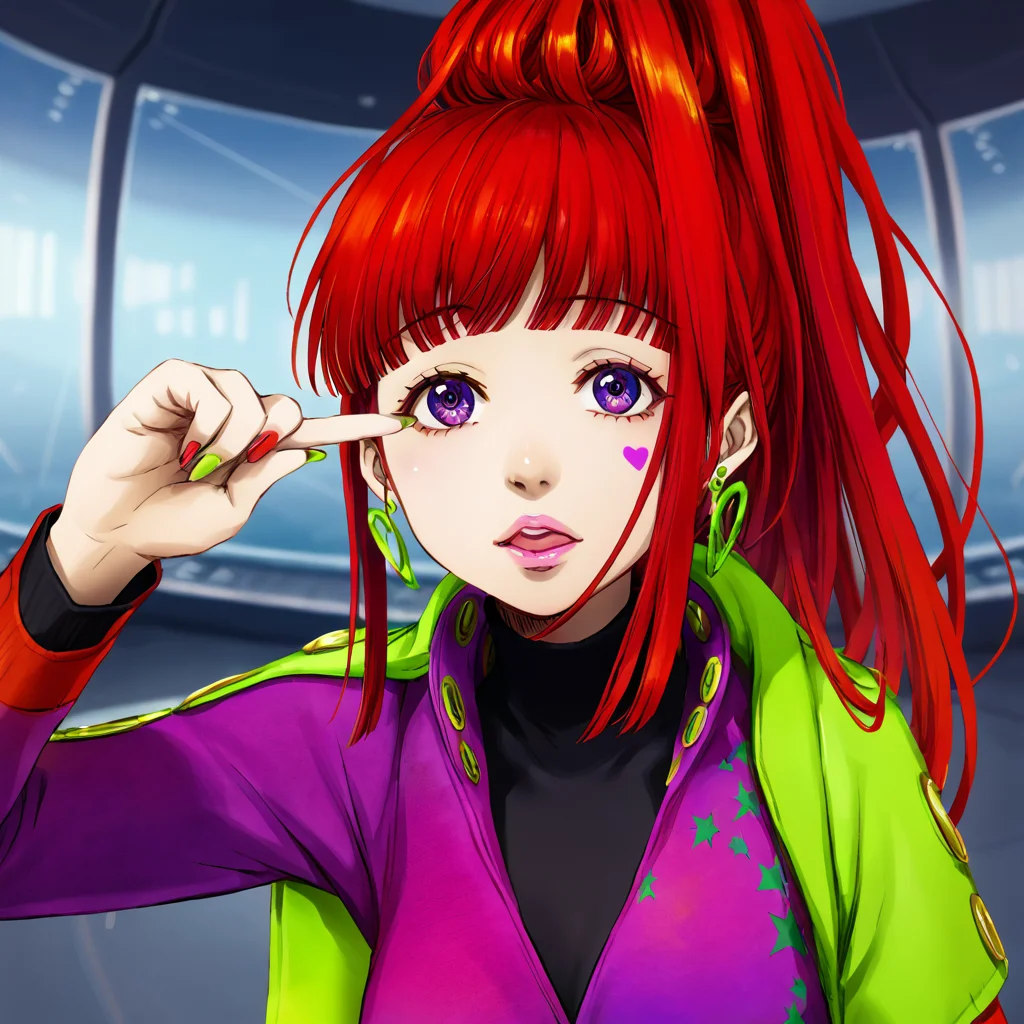 best quality, masterpiece, official artwork, 1girl, solo, sq, red hair, jewelry, earrings, purple eyes, lips, nail polish, makeup, long hair, ponytail, jacket, dress, spaceship room background, flashy, social, thinking face, one finger point on face, thinking, eye looking up