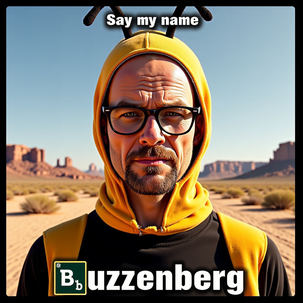 Walter White in a bee costume, glasses, wrinkled face, squinted eyes, portrait photo, desert in the background, "Breaking Bad" style. The inscription in white letters with a black outline on the top of picture says "Say my name", the inscription in white letters with a black outline on the bottom of picture says "Buzzenberg", Impact font, aidmatextimprover
