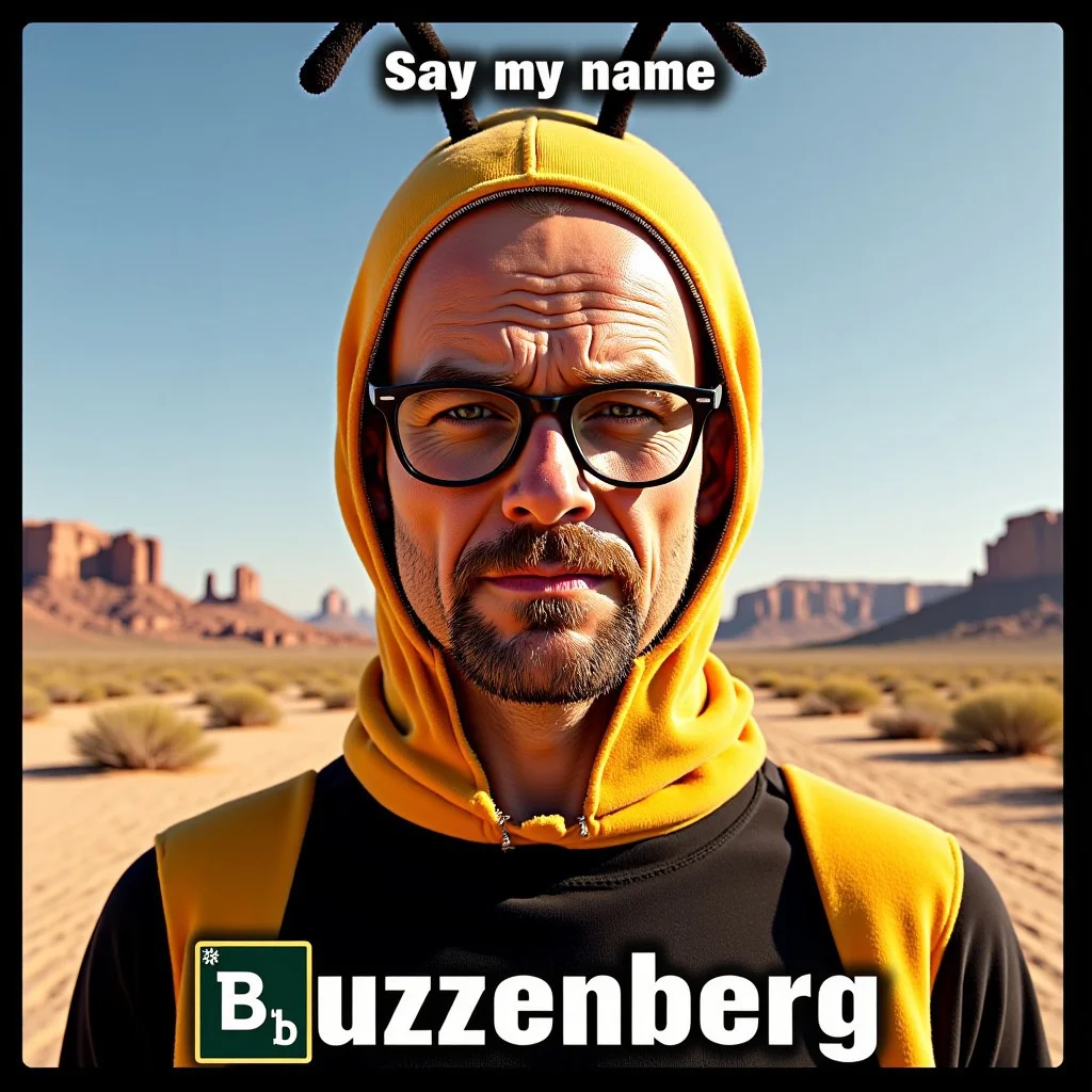 Walter White in a bee costume, glasses, wrinkled face, squinted eyes, portrait photo, desert in the background, "Breaking Bad" style. The inscription in white letters with a black outline on the top of picture says "Say my name", the inscription in white letters with a black outline on the bottom of picture says "Buzzenberg", Impact font, aidmatextimprover