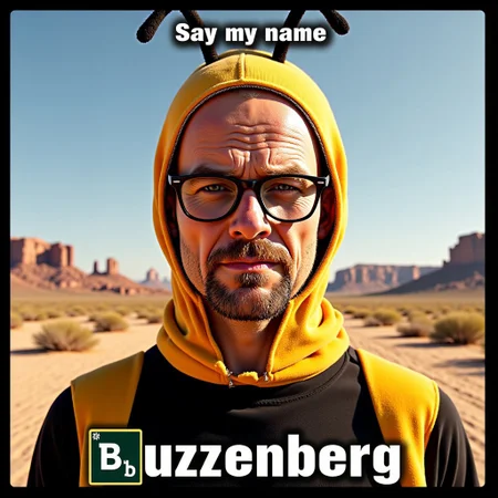 Walter White in a bee costume, glasses, wrinkled face, squinted eyes, portrait photo, desert in the background, "Breaking Bad" style. The inscription in white letters with a black outline on the top of picture says "Say my name", the inscription in white letters with a black outline on the bottom of picture says "Buzzenberg", Impact font, aidmatextimprover