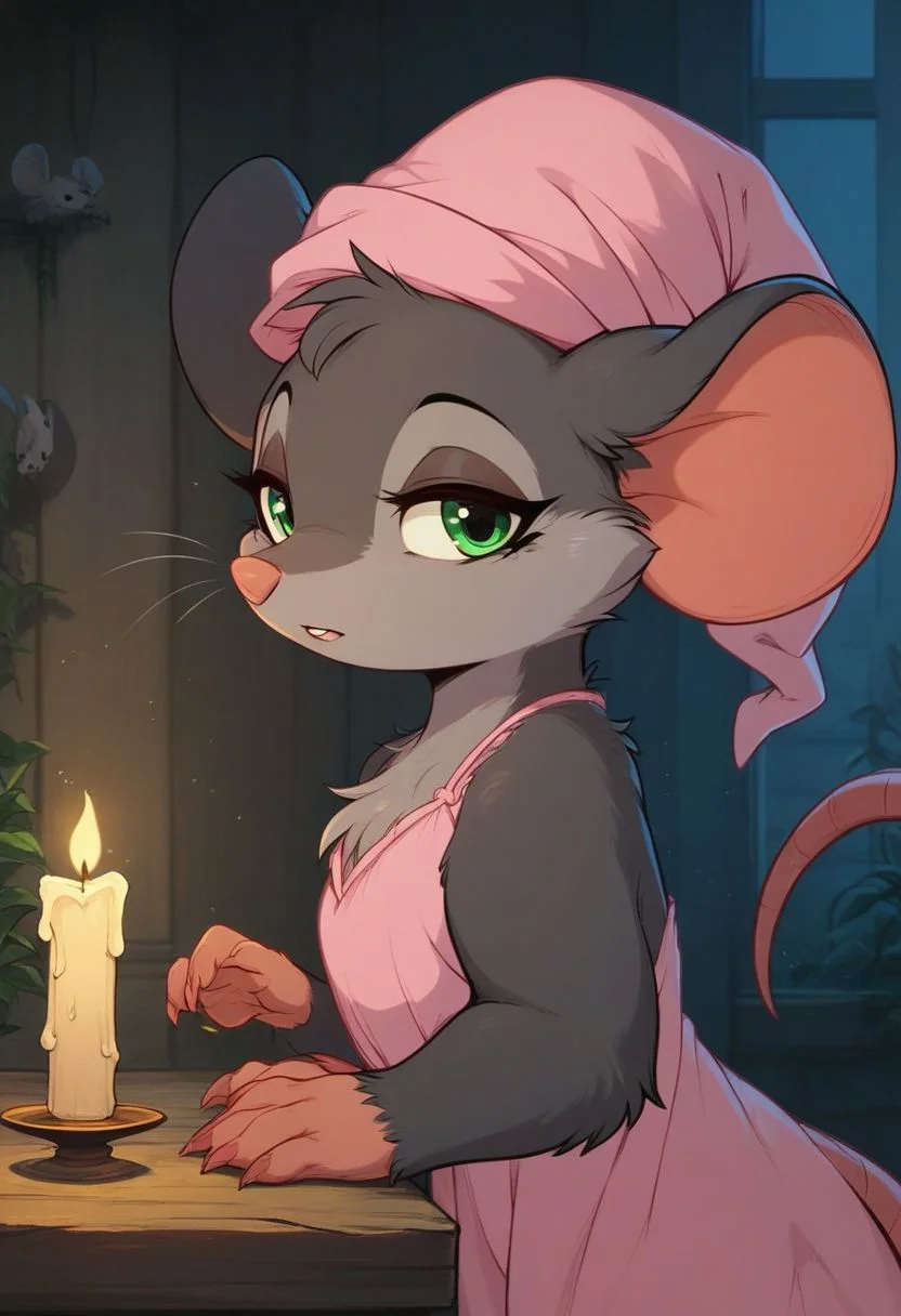 score_9, score_8_up, score_8, (solo), (fluffy:0.8), (feral:1.5), indoors, furry, (((mouse))), female, green eyes, (gray fur:1.2), claws, (fluffy cheeks:0.7), (pink nightgown, nightcap), side view, (upper body shot), tired expression, j_cartoon, (looking at viewer), (cute), holding candle