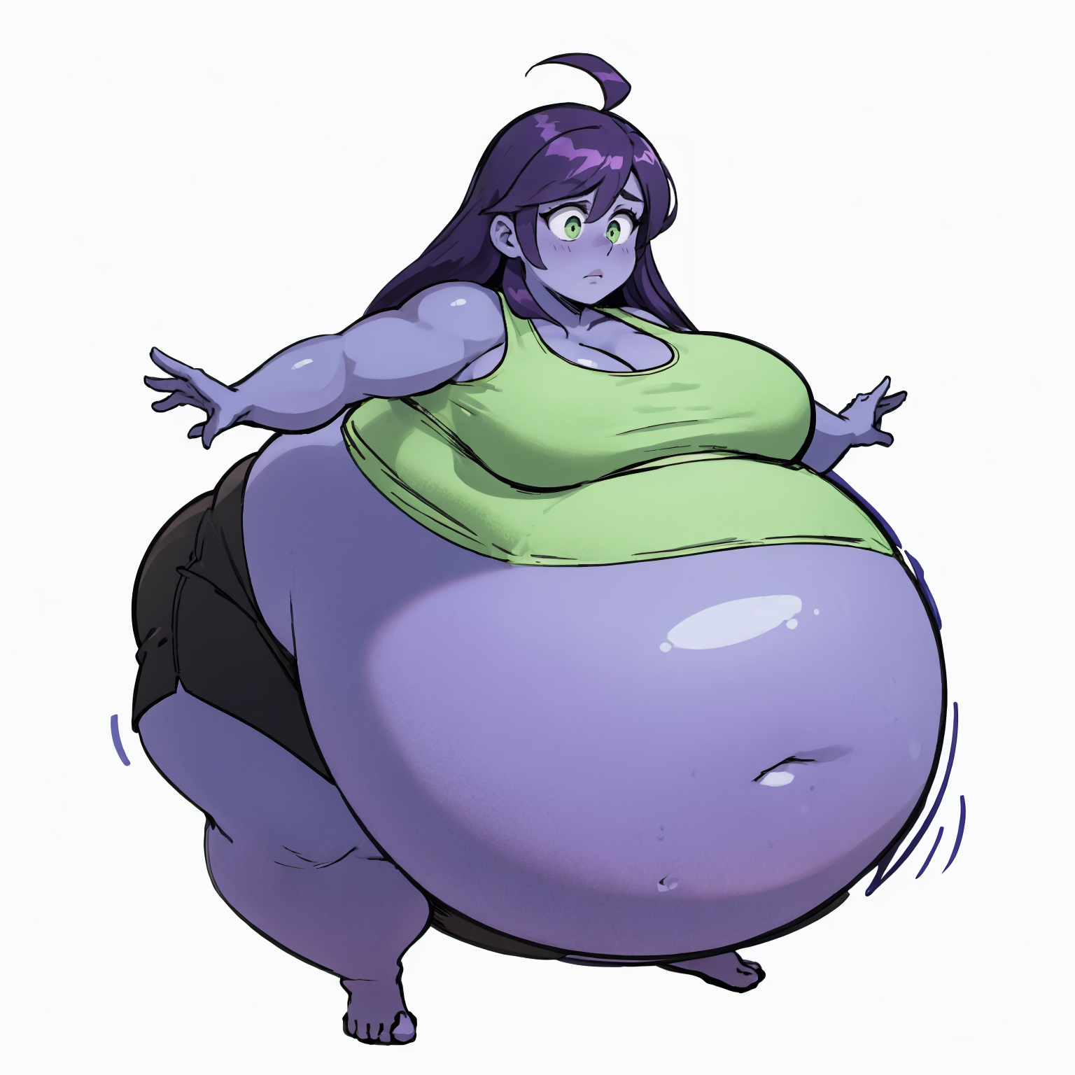 masterpiece, volumetric lighting, 
<lora:blueberry_inflation_v3a01:1>
solo, 1girl, full body, simple background, white background, full body
full blueberry inflation, colored skin, blue skin, purple skin, (fat), huge belly, gigantic breasts, thick arms, wide hips, tank top, black shorts, belly grab, hands on own stomach, 
worried, wide eyed, constricted pupils, green eyes, purple hair