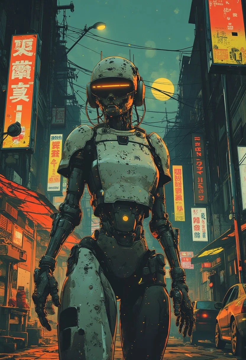 detailed cyberpunk anime image, masterpiece, battle robot, white ceramic armor, reflective faceplate, glowing circuitry, robot joints and cables, cyberpunk street, neon signs, lcd advertsing screens, night, bokeh, masterpiece, perfect composition