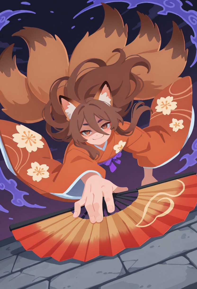 uncensored, highest quality, masterpiece, intricate details, highly detailed, drapped kimono, embroided kimono, japanese fan, dutch angle, cowboy ahot, dynamic shot, dynamic pose, 1 boy, solo, brown fox ears, long hair, long bangs, brown hair, fox tail, nine tails, masculine eyes, masculine face:0.8, average physique, tall, yandere, smirk, chiaroscuro, very awa, t4kar4i_illu, no_outlines,no lineart