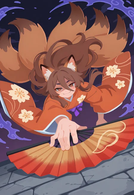 uncensored, highest quality, masterpiece, intricate details, highly detailed, drapped kimono, embroided kimono, japanese fan, dutch angle, cowboy ahot, dynamic shot, dynamic pose, 1 boy, solo, brown fox ears, long hair, long bangs, brown hair, fox tail, nine tails, masculine eyes, masculine face:0.8, average physique, tall, yandere, smirk, chiaroscuro, very awa, t4kar4i_illu, no_outlines,no lineart