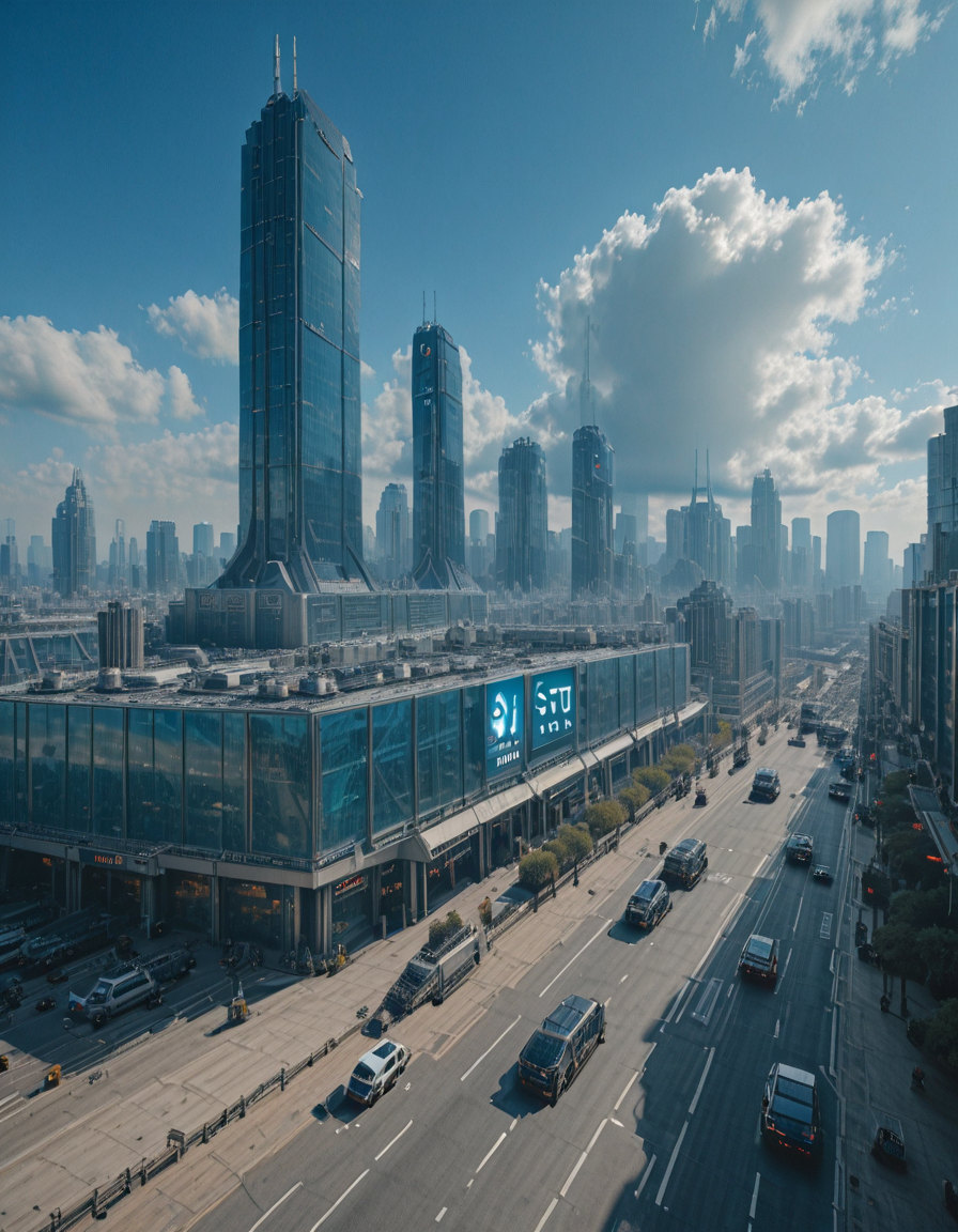 <lora:CW_03_lunisilla:1> lunisdst. This photo depicts a sprawling futuristic city under a bright blue sky filled with fluffy clouds. The scene is dominated by an enormous, sleek skyscraper with glowing blue lights and complex geometric designs, towering far above the other high-rises in the background. The architecture features a mix of glass and metal, creating a glossy, ultra-modern look throughout the skyline.
In the foreground, thereâs a large, open plaza or terminal area with multiple lanes and modular structuresâpossibly a transportation or logistics hubâlined with low-rise commercial buildings. The streets are clean and orderly, with a few vehicles and sparse pedestrian activity, giving the city a calm, efficient atmosphere. The lighting is bright and clear, suggesting midday, and thereâs a surreal, slightly cinematic feeling to the composition due to the sharp reflections and slight lens distortion in the sky. The overall vibe is very "sci-fi metropolis meets grounded realism.