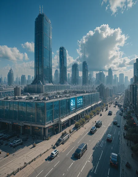 <lora:CW_03_lunisilla:1> lunisdst. This photo depicts a sprawling futuristic city under a bright blue sky filled with fluffy clouds. The scene is dominated by an enormous, sleek skyscraper with glowing blue lights and complex geometric designs, towering far above the other high-rises in the background. The architecture features a mix of glass and metal, creating a glossy, ultra-modern look throughout the skyline.
In the foreground, thereâs a large, open plaza or terminal area with multiple lanes and modular structuresâpossibly a transportation or logistics hubâlined with low-rise commercial buildings. The streets are clean and orderly, with a few vehicles and sparse pedestrian activity, giving the city a calm, efficient atmosphere. The lighting is bright and clear, suggesting midday, and thereâs a surreal, slightly cinematic feeling to the composition due to the sharp reflections and slight lens distortion in the sky. The overall vibe is very "sci-fi metropolis meets grounded realism.