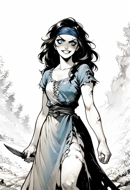 score_9, score_8_up, score_7_up,  BREAK, source_manga, source anime, (((very clear lines)))
BREAK
Monochrome manga style of a scuzzy perverted twisted insane evil villainous deathly pale white female nord of about 30 years old with pale grey blue eyes with bags under them and a wide sadistic grin.  She has messy black hair falling over a dirty and bloody blue headband bandana, slightly toned arms and legs, and is holding a knife.  She has small breasts and wears a tattered blue medieval dress with the sleeves ripped off and the hem cut high.  
BREAK
Skyrim rolling hills background in sunset, shadow, monochrome