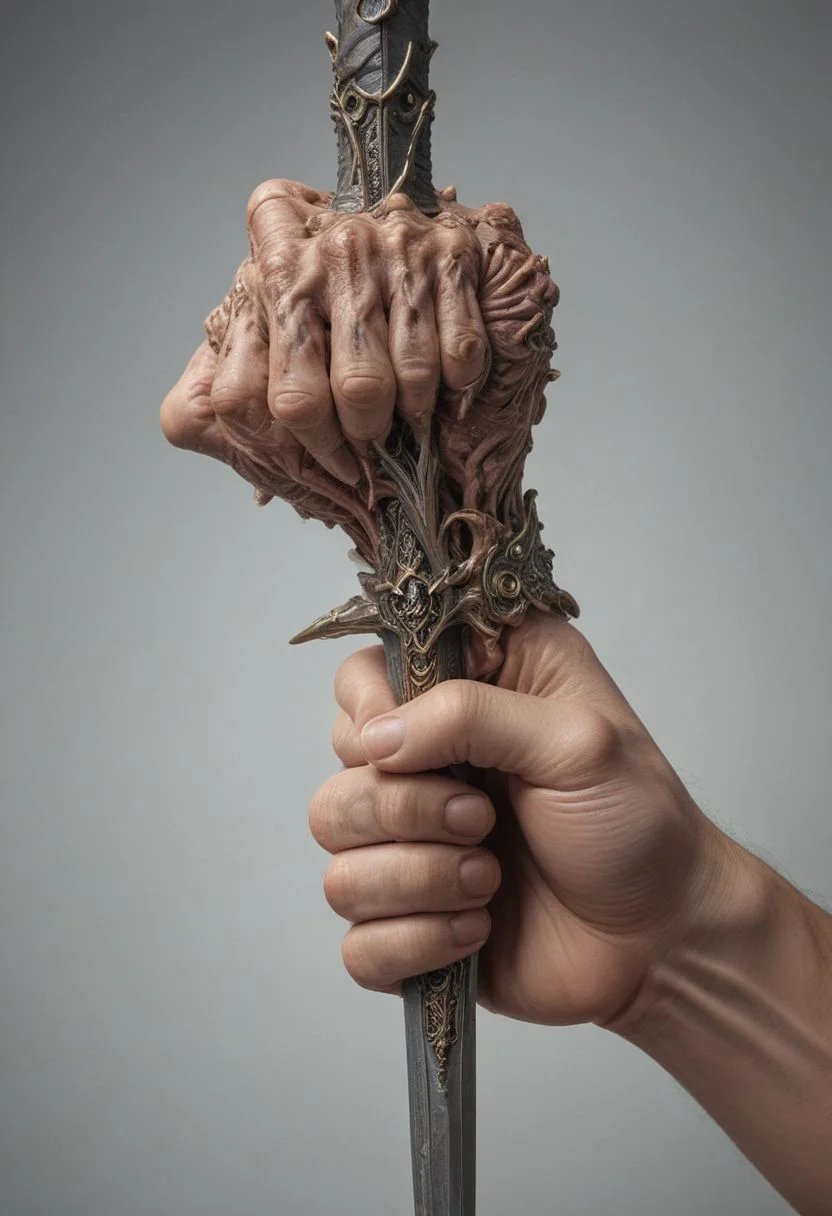 Cinematic lighting, (detailed image of a man's hand holding a sword), fingers, nails, skin texture, (correct anatomical shape), detailed rendering, perspective from different angles, close and far.