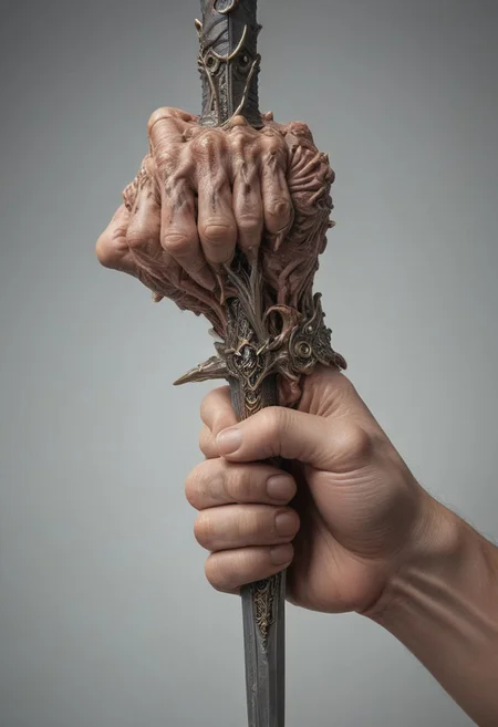 Cinematic lighting, (detailed image of a man's hand holding a sword), fingers, nails, skin texture, (correct anatomical shape), detailed rendering, perspective from different angles, close and far.