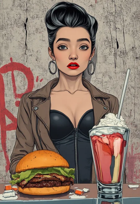 JBX_Rockabilly_Retro. Surreal anime illustration of a young glamorous cool Rockabilly-style woman with dramatic pompadour bouffant hair, large bust, black latex bullet bra, open leather biker jacket and heavy makeup. She stands against a textured background with graffiti. A thick beef and bacon burger and a coloured milkshake with whipped cream and marshmallow topping.