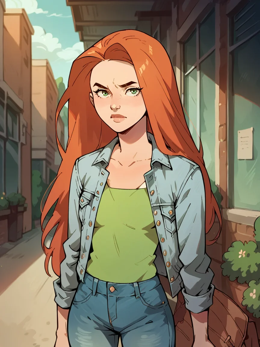 score_9, score_8_up, score_7_up, score_6_up, score_5_up, <lora:EveInvXLP:1> eveinv, 1girl, solo, long hair, green eyes, jeans, shirt