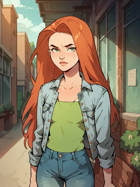 score_9, score_8_up, score_7_up, score_6_up, score_5_up, <lora:EveInvXLP:1> eveinv, 1girl, solo, long hair, green eyes, jeans, shirt