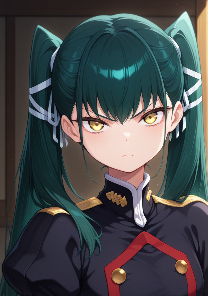 masterpiece,best quality,amazing quality,
1girl,looking at viewer,upper body,military uniform,
<lora:matochara:1>,azuma yachiho,twintails,yellow eyes,green hair,