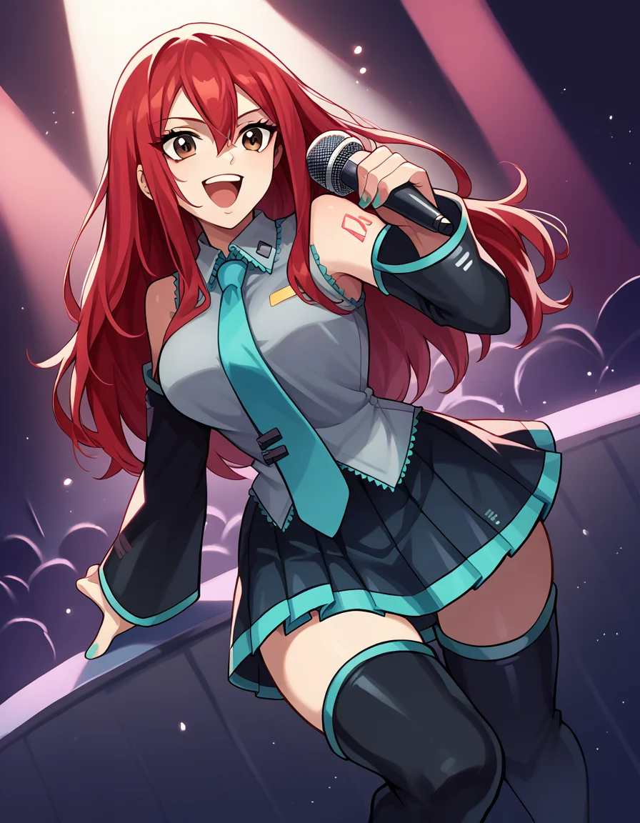score_9, score_8_up, score_7_up, source_anime, <lora:erza-scarlet-ponyxl-lora-nochekaiser:1>, erza scarlet, long hair, red hair, hair between eyes, brown eyes, large breasts,, <lora:hatsune-miku-cosplay-ponyxl-lora-nochekaiser:1>, hatsunemikucosplay, hatsune miku (cosplay), aqua necktie, black footwear, black skirt, black sleeves, boots, collared shirt, detached sleeves, grey shirt, necktie, pleated skirt, shirt, skirt, sleeveless, sleeveless shirt, thigh boots, tie clip,, stage, stage lightings, singing, microphone, holding microphone, open mouth, smile, , dutch angle,