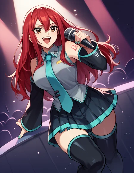 score_9, score_8_up, score_7_up, source_anime, <lora:erza-scarlet-ponyxl-lora-nochekaiser:1>, erza scarlet, long hair, red hair, hair between eyes, brown eyes, large breasts,, <lora:hatsune-miku-cosplay-ponyxl-lora-nochekaiser:1>, hatsunemikucosplay, hatsune miku (cosplay), aqua necktie, black footwear, black skirt, black sleeves, boots, collared shirt, detached sleeves, grey shirt, necktie, pleated skirt, shirt, skirt, sleeveless, sleeveless shirt, thigh boots, tie clip,, stage, stage lightings, singing, microphone, holding microphone, open mouth, smile, , dutch angle,