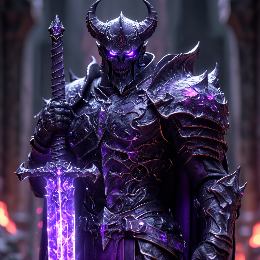 Close up shot of a Demon, holding purple glowing sword infront of him, standing up, wearing dark armor, hell in background, HKStyle, HD, masterpiece, best quality, hyper detailed, ultra detailed, super realistic