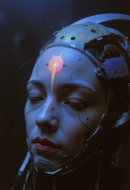 An unearthly and hyper-detailed closeup of a cybernetic being’s face in the style of ck-ncr, Her features are a flawless fusion of synthetic flesh and intricate machinery, glowing faintly in a gradient of blue and gray. Her expression is serene, almost divine, with eyes half-closed as if in meditation. The details of her face reveal microfilaments of light coursing beneath translucent synthetic skin, seamlessly integrated with polished metallic components.
Translucent Wires and cables extend from the edges of her face, disappearing into the dark, misty background. Faint reflections of cascading streams of shimmering code play across her features, as if she is the nexus of a vast digital consciousness. A soft, radiant glow emanates from the center of her forehead, symbolizing transcendence and enlightenment.
The atmosphere around her is veiled in shadow, dense with static haze and punctuated by the faint outlines of decaying technology, evoking a sense of humanity’s forgotten past. The lighting is cinematic, with soft, volumetric beams highlighting her ethereal presence, creating an intense and unsettling mood of otherworldly beauty and profound transformation., transmitting streams of data that cascade like waterfalls of shimmering code. Above, her face is serene, almost otherworldly, with eyes closed as if in quiet meditation,body flows into a large, curved, rainbow-hued arc that stretches across the image, blending into the background., radiating a sense of liberation.