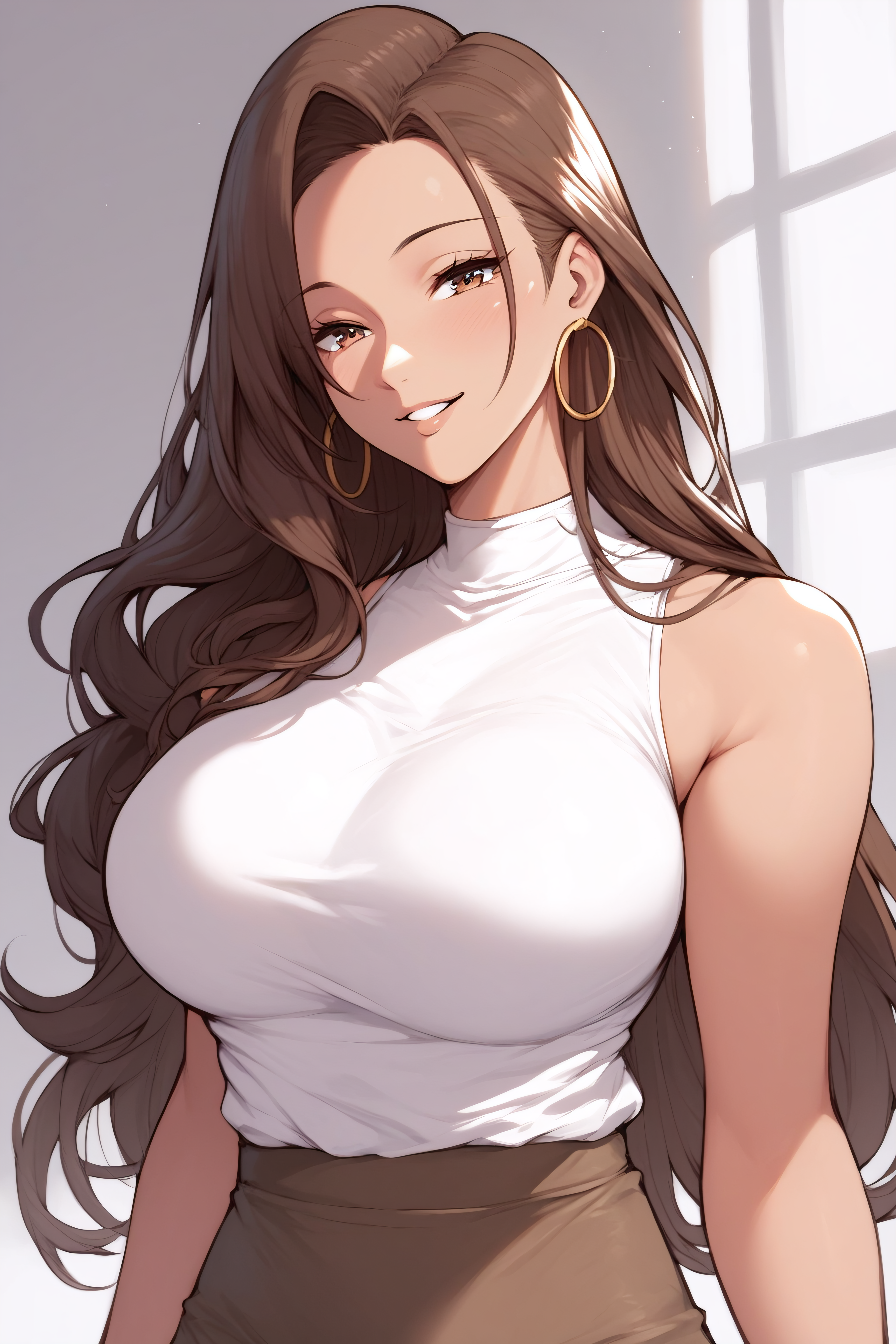 score_9, score_8_up, score_7_up, <lora:Risa Hamazaki-PonyXL-lora-Faxtron:0.8> risa hamazaki, brown eyes, brown hair, long hair, large breasts, hoop earrings, white shirt, sleeveless, brown skirt,