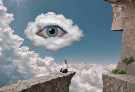 a surreal scene where a woman sits on the edge of a stone ledge, gazing at the sky adorned with a massive eye peering out from behind a cloud, blending elements of human presence with the bizarre and weirdcore <lora:y2kmadmix_v0.0.1:1>