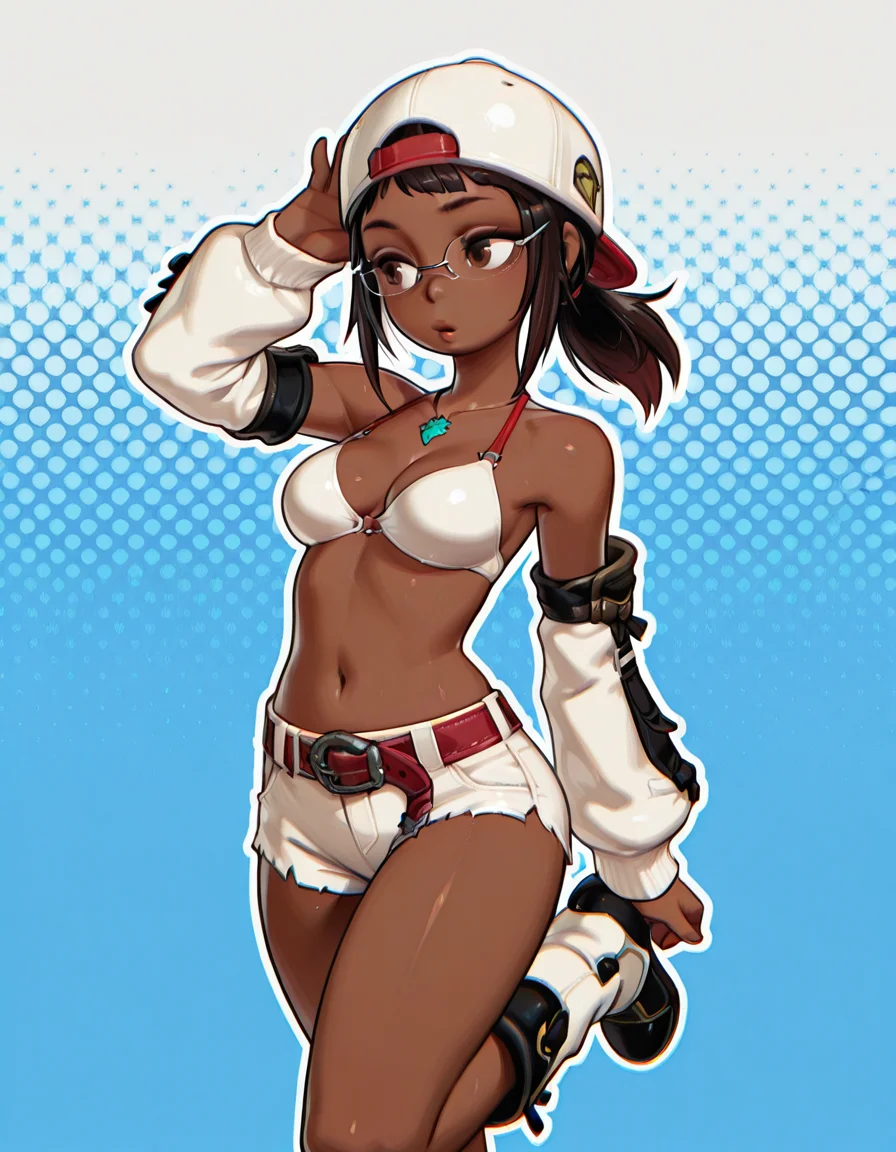 aija_bikini_top, white bikini top, aija_backward_cap, aija_detached_sleeves, aija_shorts, aija_accessories, aija_belt, aija_boots, necklace,  glasses, brown eyes, solo, aqueduct, Leg up, ,(vivid high contrast colors), short cartoony simplistic art style mix, wakfu, (speedoru:0.6), (diives:0.7),
 <lora:Aijalon_FFXIV_OC_Solution_9_WHM:0.7>      <lora:Pop_Bae_Style:1> pop_bae_style,  outline, halftone, halftone background