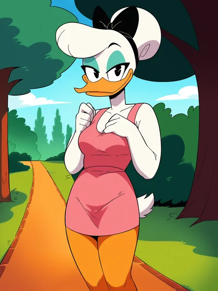 score_9, score_8_up, score_7_up, score_6_up, best quality, highres, source_furry, masterpiece, BREAK ppp BREAK
1girl, female, solo, outdoors, park, female, daisy, duck, beak, white skin, white body, white hair, black eyes, breasts, smile, seductive, looking at viewer, orange legs, round bangs, hair bun, centered hair bow, pink dress, blue eyeshadow <lora:Drockdraw_Style:0.7> <lora:Daisy_Duck3:0.9>