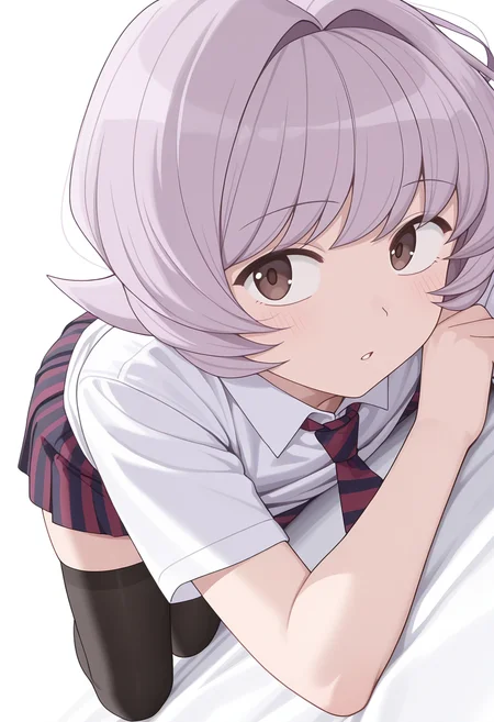 Smooth Quality,masterpiece,very intricate, high quality details, ultra realistic, high detailed skin,detailed enviorement,
simple background, white background, parted lips,
on stomach, solo, shirt lift, 
 <lora:Osana_Najimi_cnn:0.8> osananajimicnn, 1other,short hair, brown eyes,androgynous, light purple hair, school uniform, white shirt, striped necktie,striped skirt, pleated skirt,black thighhighs,