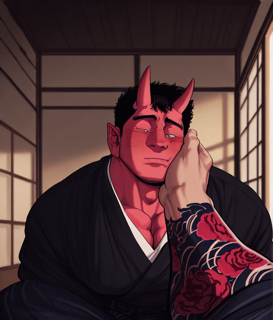 solo, 1boy, muscular male, oni, demon, japanese clothing, sitting, indoors, yakuza tattoos, pov hand on cheek, blush, up close
, five digits, very awa, masterpiece, best quality, absurdres, newest, perfect quality, intricate details, detailed face, detailed background
, <lora:uh-d_IL-000021:1>