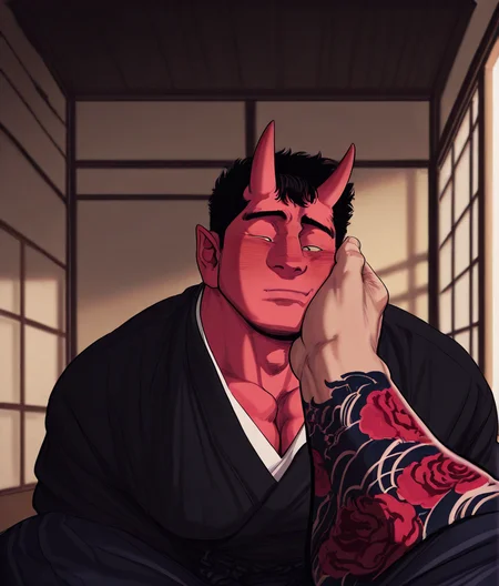 solo, 1boy, muscular male, oni, demon, japanese clothing, sitting, indoors, yakuza tattoos, pov hand on cheek, blush, up close
, five digits, very awa, masterpiece, best quality, absurdres, newest, perfect quality, intricate details, detailed face, detailed background
, <lora:uh-d_IL-000021:1>