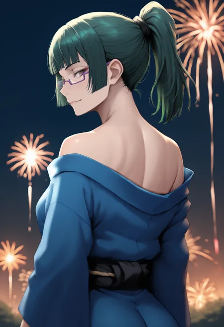 masterpiece, best quality, newest, anime, from behind, solo, 1girl, m4kidef, slight smile, looking back, long hair, green hair, blunt bangs, ponytail, brown eyes, glasses, semi-rimless eyewear, purple-framed eyewear, japanese clothes, blue kimono, off shoulder, black sash, bare shoulders, outdoors, night, fireworks
<segment:yolo-face_yolov8m.pt,0.4,0.5//cid=1>