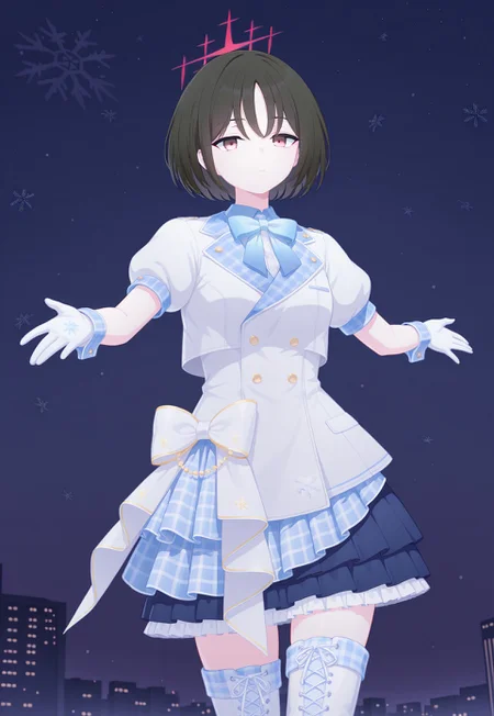 masterpiece, best quality, amazing quality, 

(shruru, purple hair, long hair, white hat, pink streaked hair, pink eyes:0), bowtie, blue bow, blue collar, snowflakes, white jacket, buttons, gingham, puffy short sleeves, blue skirt, layered skirt, frilled skirt, white gloves, wrist cuffs, thigh boots, lace-up boots, 

imashino_misaki_\(blue archive\), red eyes, black hair, short hair, (bandaged neck, ear piercing:0), misaki halo, (black hoodie, (mouth mask:0.3), white jacket, torn pants, boots:0), 

1girl, cowboy shot, dancing, outdoors, (night sky:1.6), (building:1.3), christmas, (snowflakes:1.6), looking at viewer, expressionless, closed mouth, spread arms, open hands