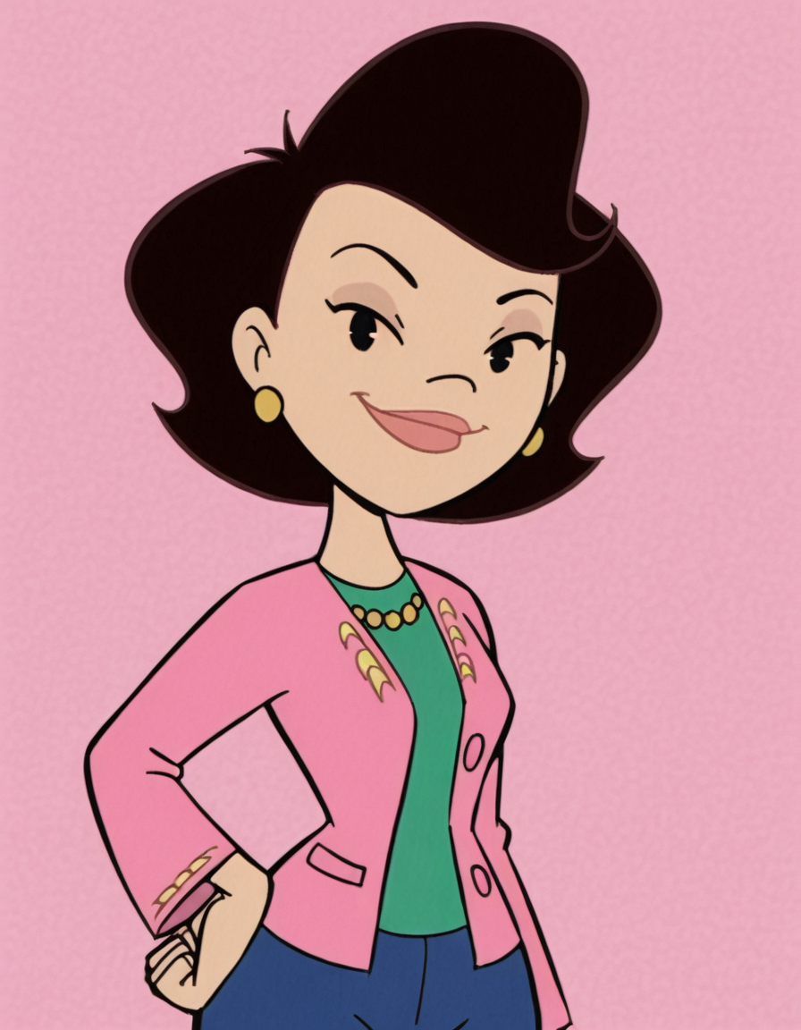 <lora:SusanLongIllustrious1.0JLFO:1> susanlong, 1girl, black hair, pink shirt, solo, short hair, jewelry, earrings, black eyes, blue pants, pearl necklace, smile, looking at viewer, hand on own hip, cowboy shot,simple background,